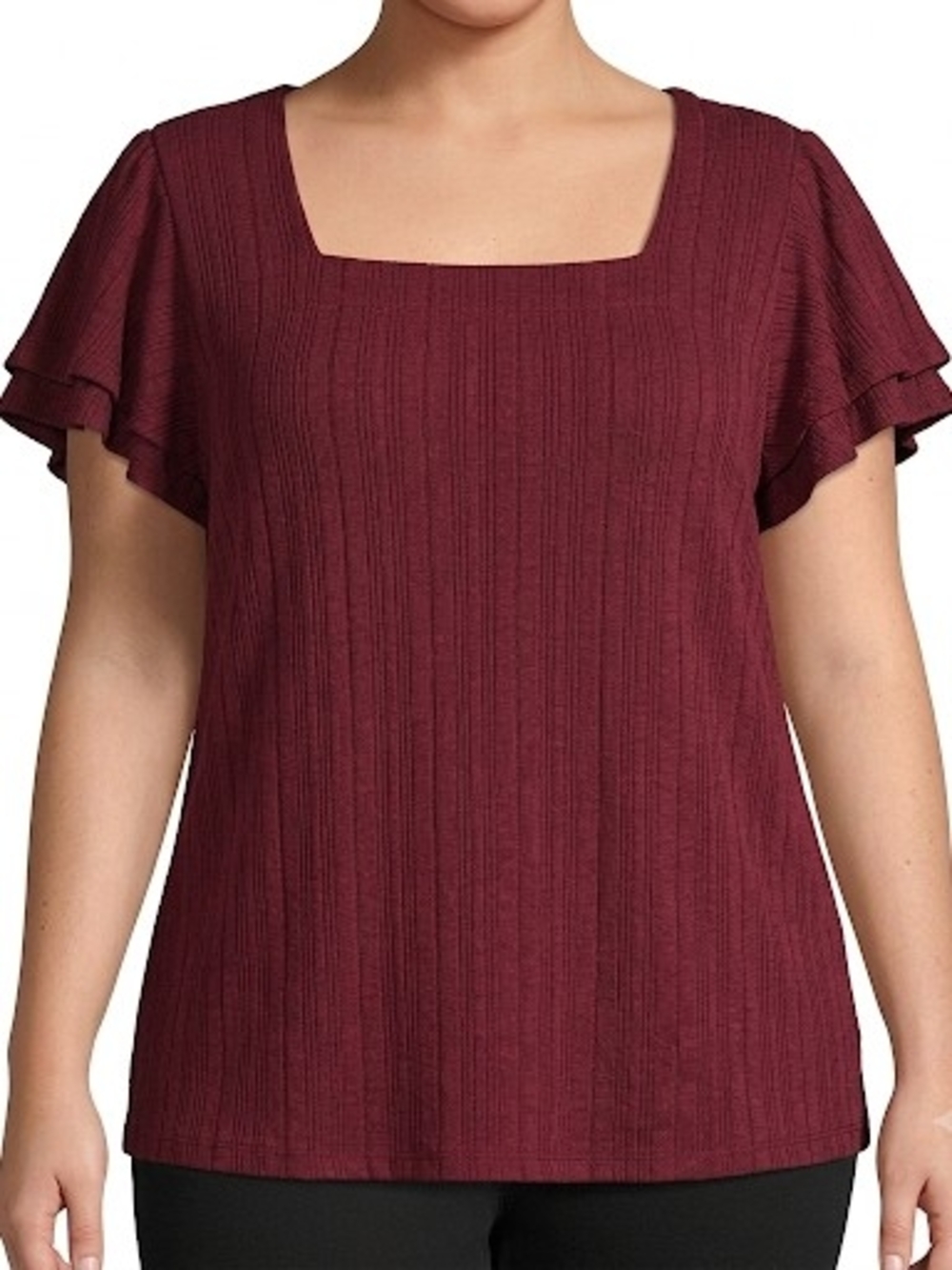 Square-Neck Textured Flutter Sleeve Top - Burgundy